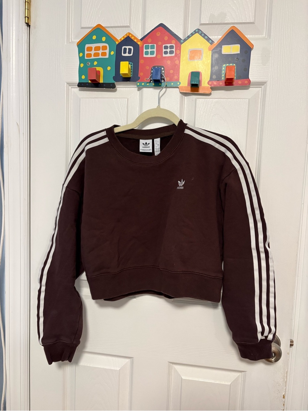 adidas Women's Maroon Crop Crew Sweatshirt with White Stripes